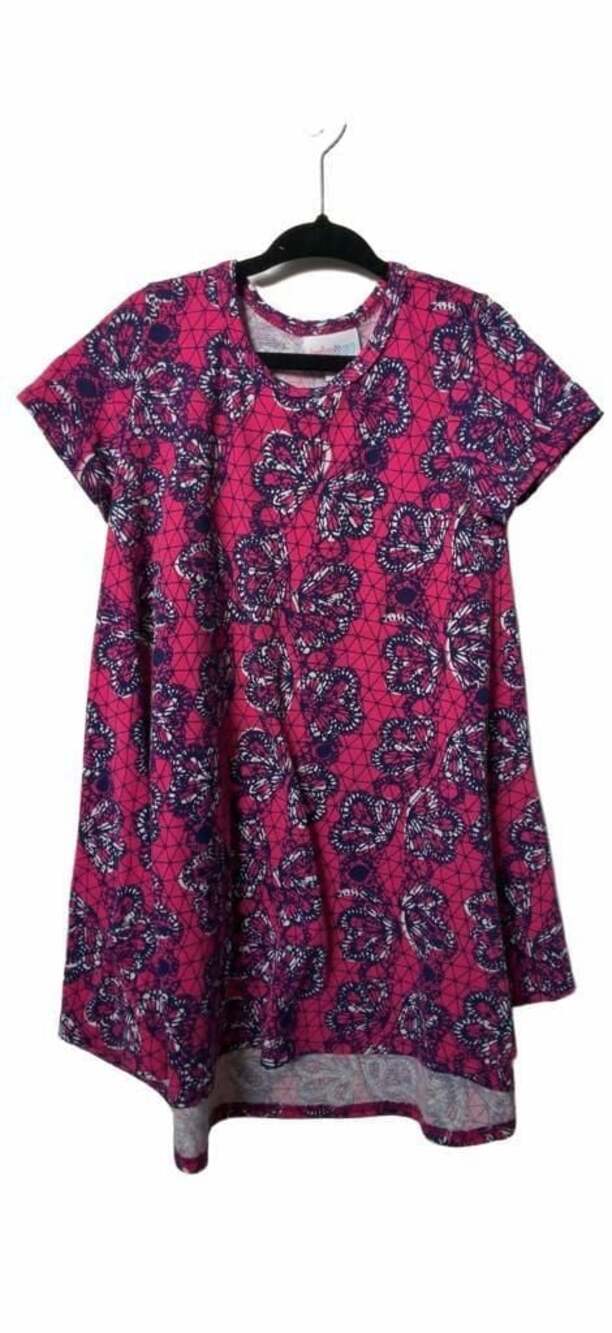 LuLaRoe Girls Pink & Blue Butterfly Geo Print Short Sleeve Dress Size 4_K26